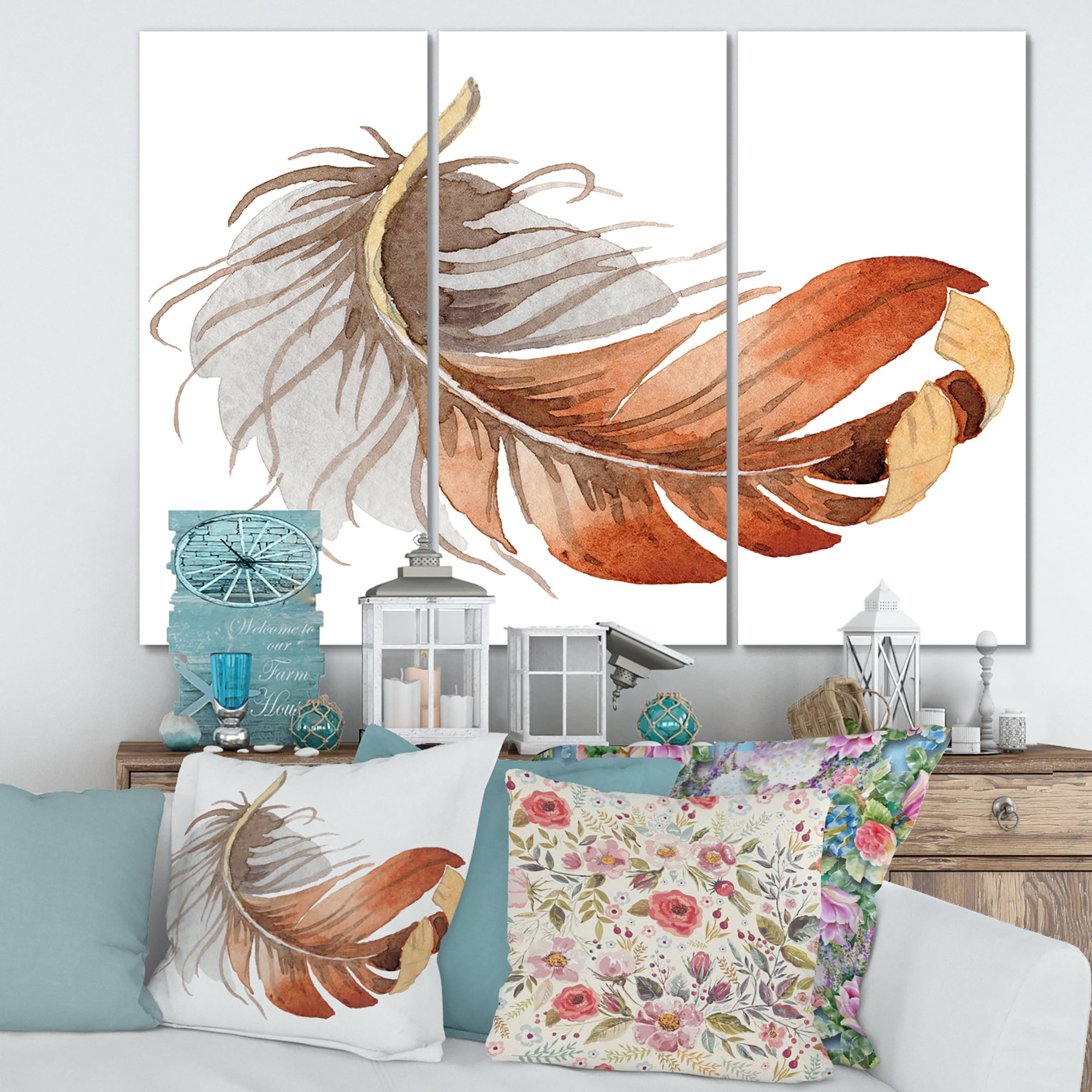 Designart ' Orange Ethnic Bird Feather On White ' Bohemian & Eclectic Canvas Wall Art Print