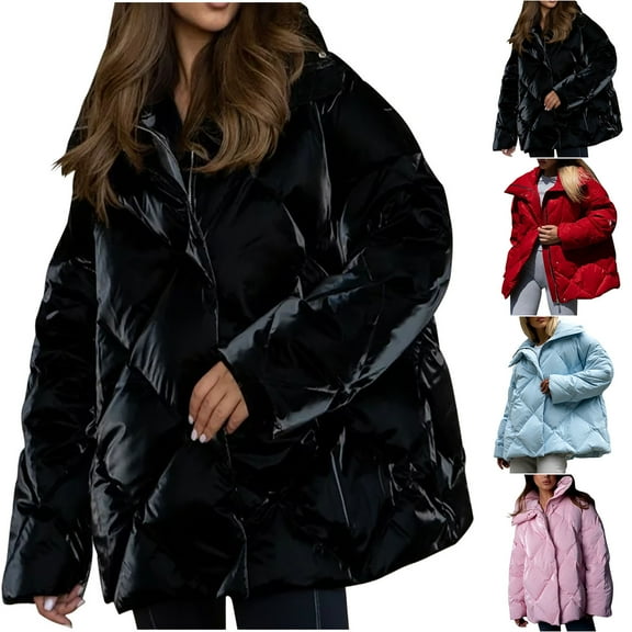 Winter Warm Coats for Womens Fashion Plus Size Loose Coat Shiny Lapel Coat Casual Jacket Top Long Sleeve Coat