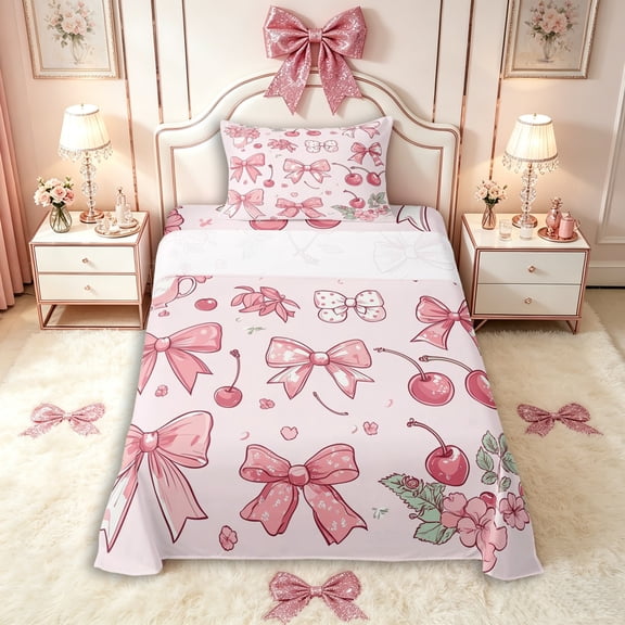 Manfei Cartoon Ribbon Bow Tie Twin Sheet Sets 3pcs for Kids Girls,Cute Flowers Cherry Bedding for Teens Women,Lightweight Room Decor