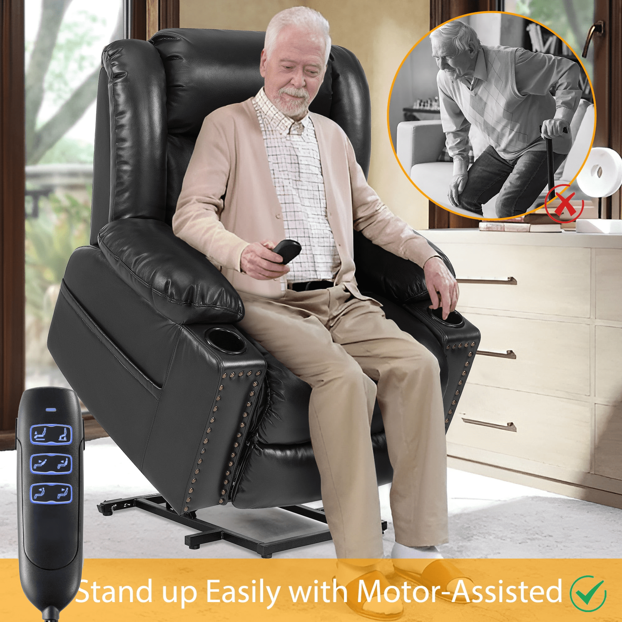 Triple Motor Large Power Lift Recliner Chair for Elderly with Heat and Massage, Lay Flat Lift Chairs for Seniors Infinite Position, Extended Footrest, USB Ports, Cup Holder, Faux Leather