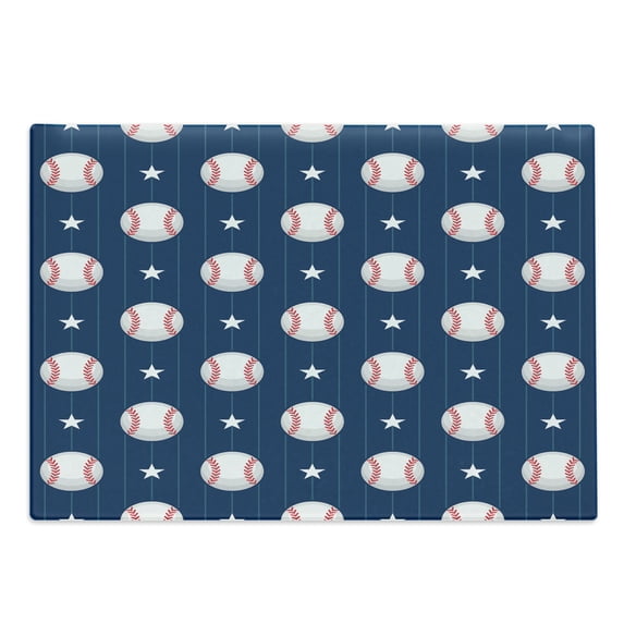 Sports Cutting Board, Baseball Patterns on Vertical Striped Background Stars Design, Decorative Tempered Glass Cutting and Serving Board, Large Size, Night Blue Red White, by Ambesonne