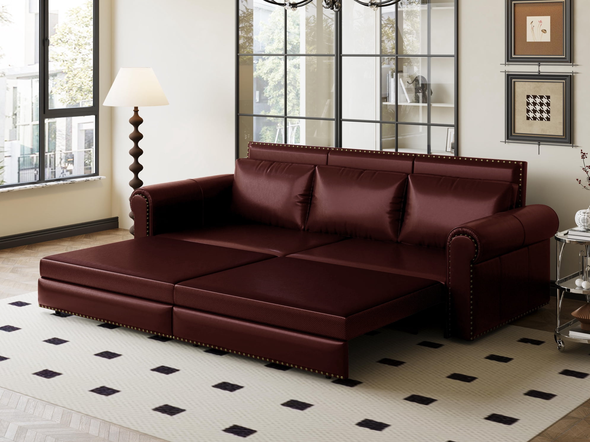 93.7" Chesterfield Sofa, King Pull Out Sofa Bed with Nailhead Trim, 3-in-1 Faux Leather Convertible Sleeper Sofa with Rolled Arm, for Apartments, Living Room, Burgundy