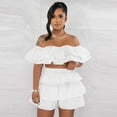 thumbnail image 4 of Conjunto de dos piezas con volantes para mujer, conjuntos cortos de verano con escote oblicuo y hombros descubiertos, top corto y pantalones cortos, trajes sexys para fiestas navideñas y clubes, 4 of 5