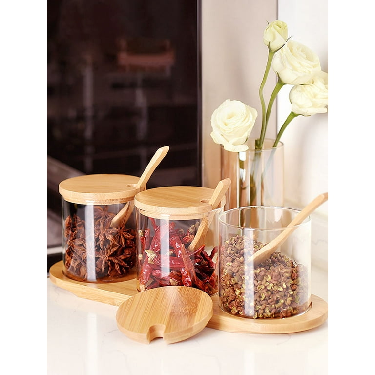 Spice Jar and spoon Tray Condiment Pots Set Salt Container Sugar