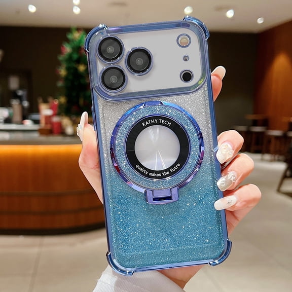 Magnetic Kickstand Glitter Case for iPhone 17 Pro, [Compatible with Magsafe] Luxury Bling Sparkly with Camera Lens Protector Soft TPU Women Girls Shockproof Case for iPhone 17 Pro,Blue