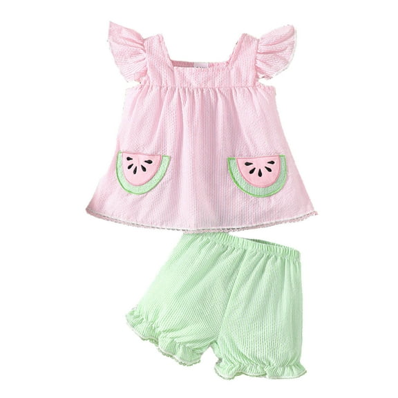 Hienoo Baby Girls Summer Outfits Watermelon Embroidery Sleeveless Top Shorts 2Pcs Set