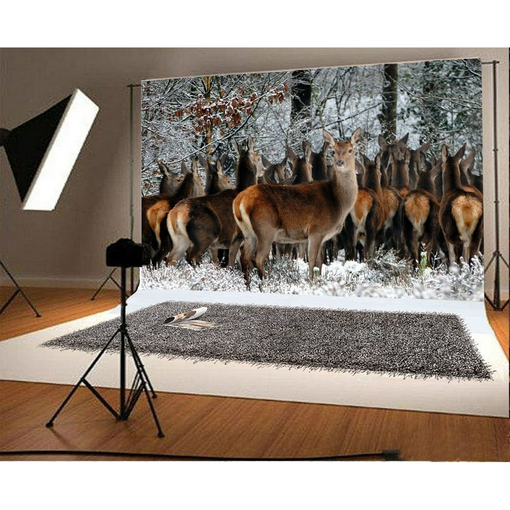 HelloDecor Polyester Fabric 7x5ft Reindeer Backdrop Christmas Forest Trees Snow Covered