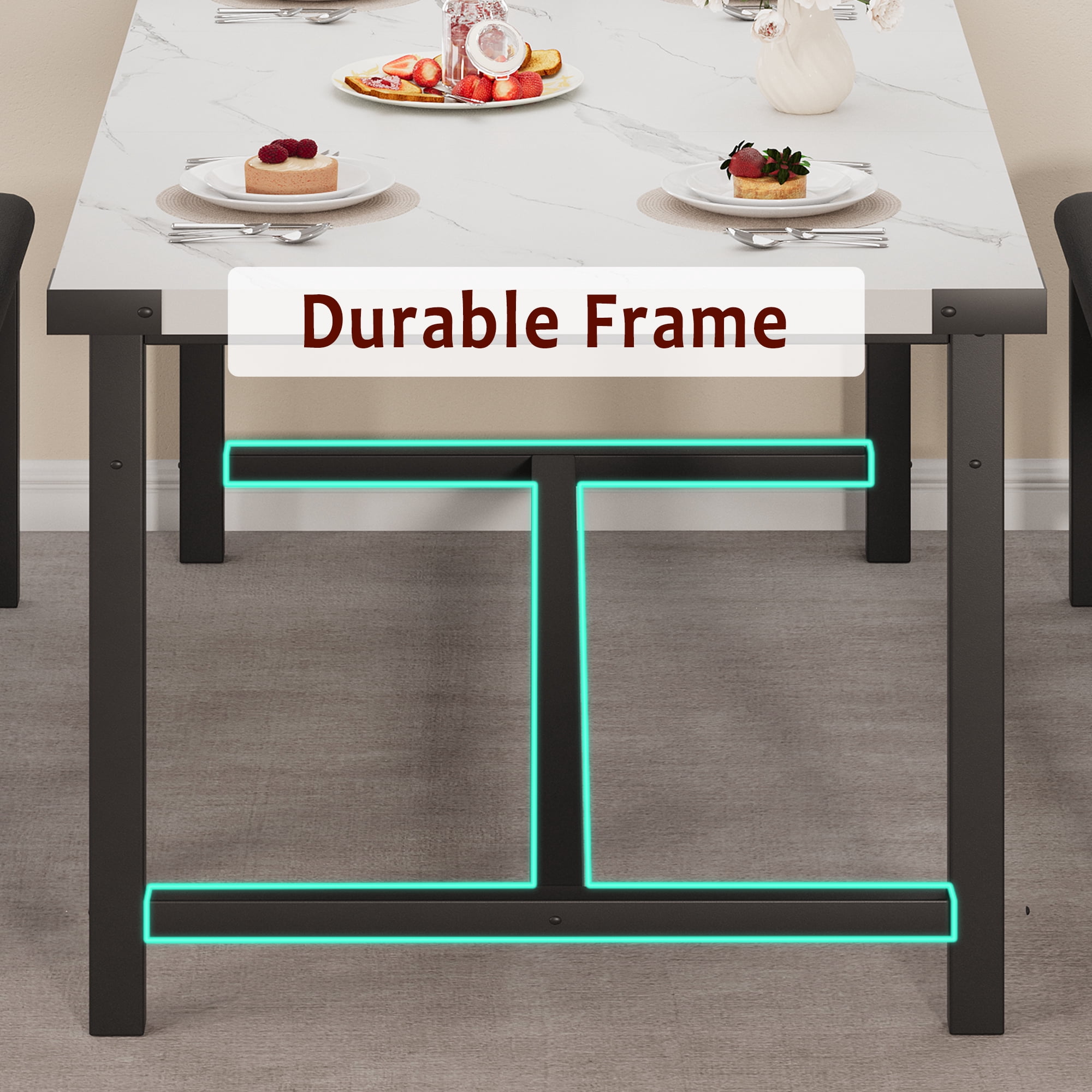 Extendable Dining Table Set for 4 to 6 People, Industrial Wood Table with 2 Upholstered Benches, Metal Corner Protectors for Small Space Apartment