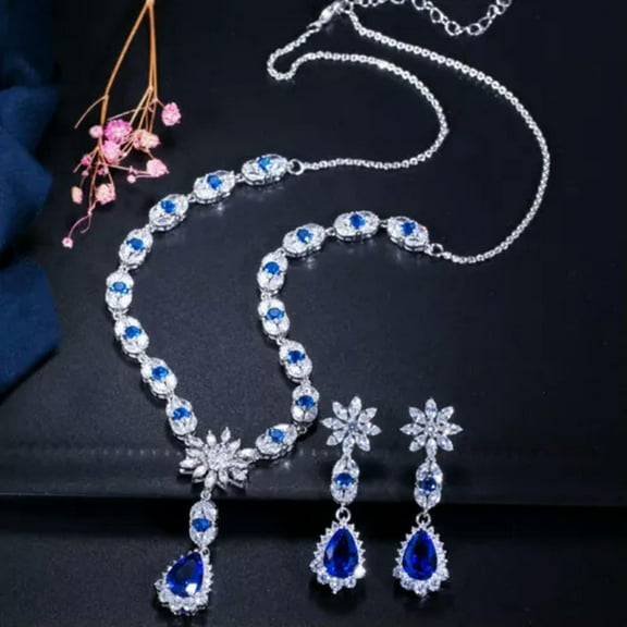 Royal Blue CZ Elegant Flower Drop Women Necklace and Earrings Party Jewelry Sets