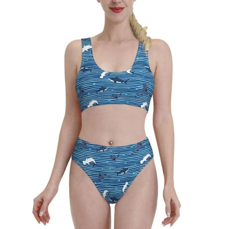 High Waisted Bikini Sets For Women  Sharks On White Blue Striped Two Piece Swimsuit Sporty Scoop Neck Bathing Suit