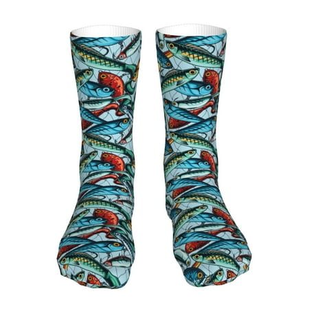 KLL Colorful Fishing Baits Print Womens Crew Socks Athletic Middle Tube Long Socks Novelty Socks Gifts For Men