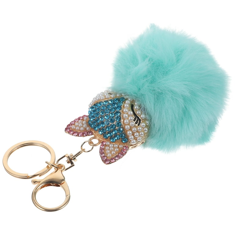 Fluffy Pom Pom Keychain with Bow and Faux Rhinestones Teal