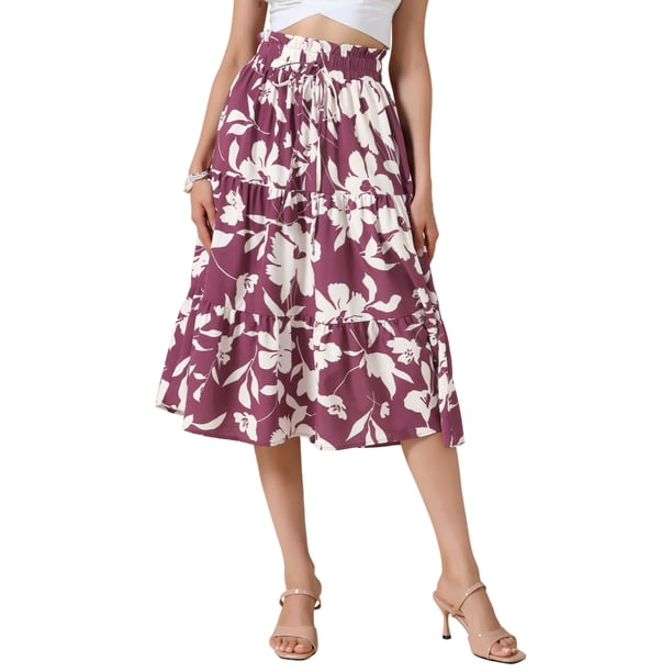 Falda Midi Floral INSPIRE CHIC para Mujeres, Vestido Casual Elegante de Verano, Falda A-line Boho XL Burdeos