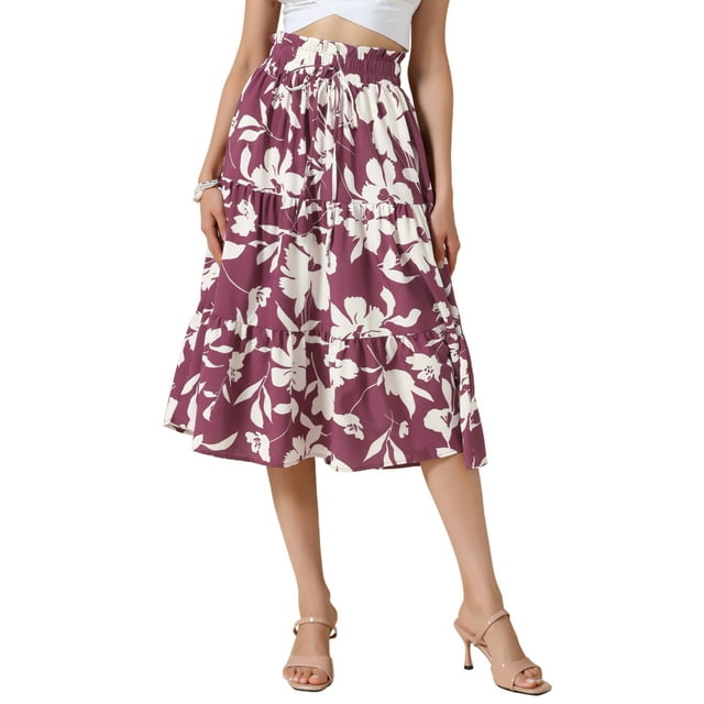 Falda Midi Floral INSPIRE CHIC para Mujeres, Vestido Casual Elegante de Verano, Falda A-line Boho L Burdeos