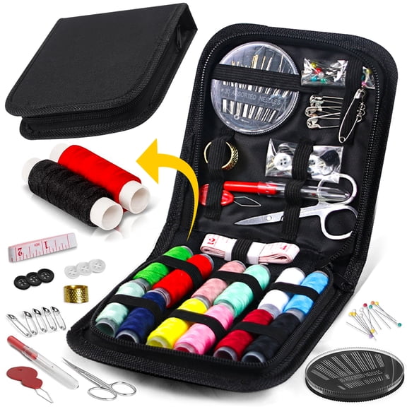 Style-Carry 73 Piece Black Fabric Mini Travel Sewing Kit, Portable Needle Thread Sewing Supplies Box for Emergency DIY Repair Kit