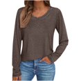 thumbnail image 2 of Cavosen Tops for Women Long Sleeve Lace Trim Pullover Tops V Neck Solid Soft Shirts Holiday Blouse Baggy Stylish Dressy T-Shirts Going out Resort Tees Summer Clothes Brown L, 2 of 6