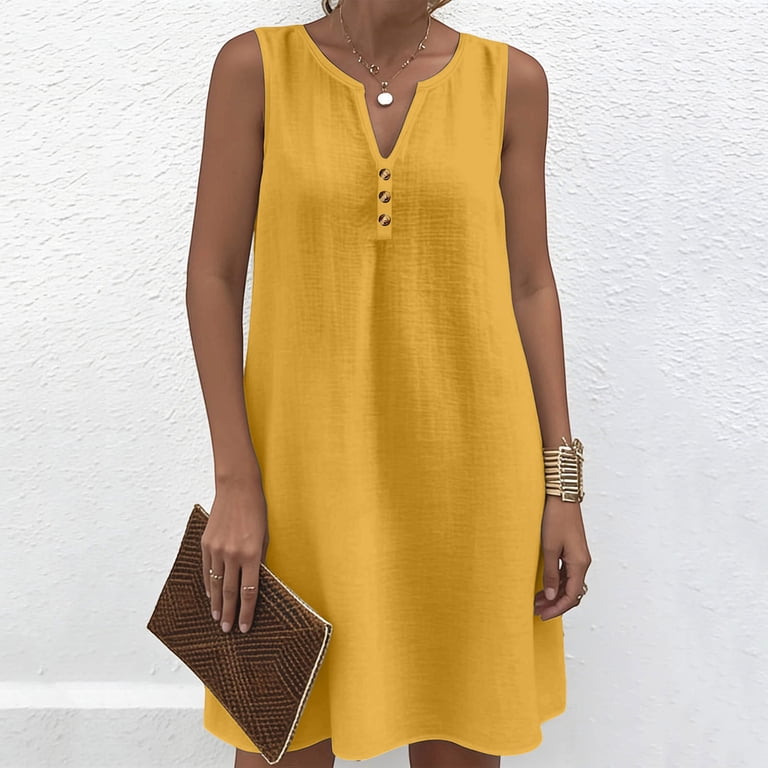 yellow denim dress women Yuxingfu Denim Dresses for Women Plus Mini V-Neck Plus Size Womens Dress Sleeveless Flowy Casual Summer Yellow M, Women's, Size: Medium