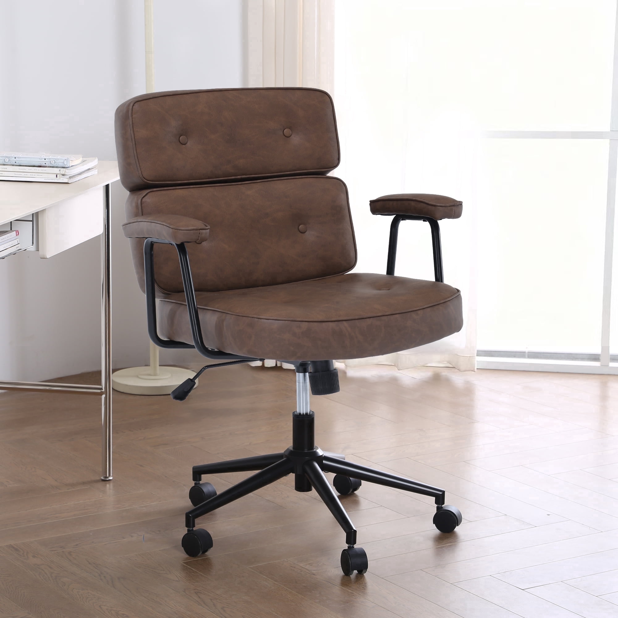 PU Leather Executive Office Chair, Extra Wide Ergonomic Computer Desk Chair with Lumbar Support & Swivel Rocking, Adjustable Height Thickened Cushions Mid Back (Brown)