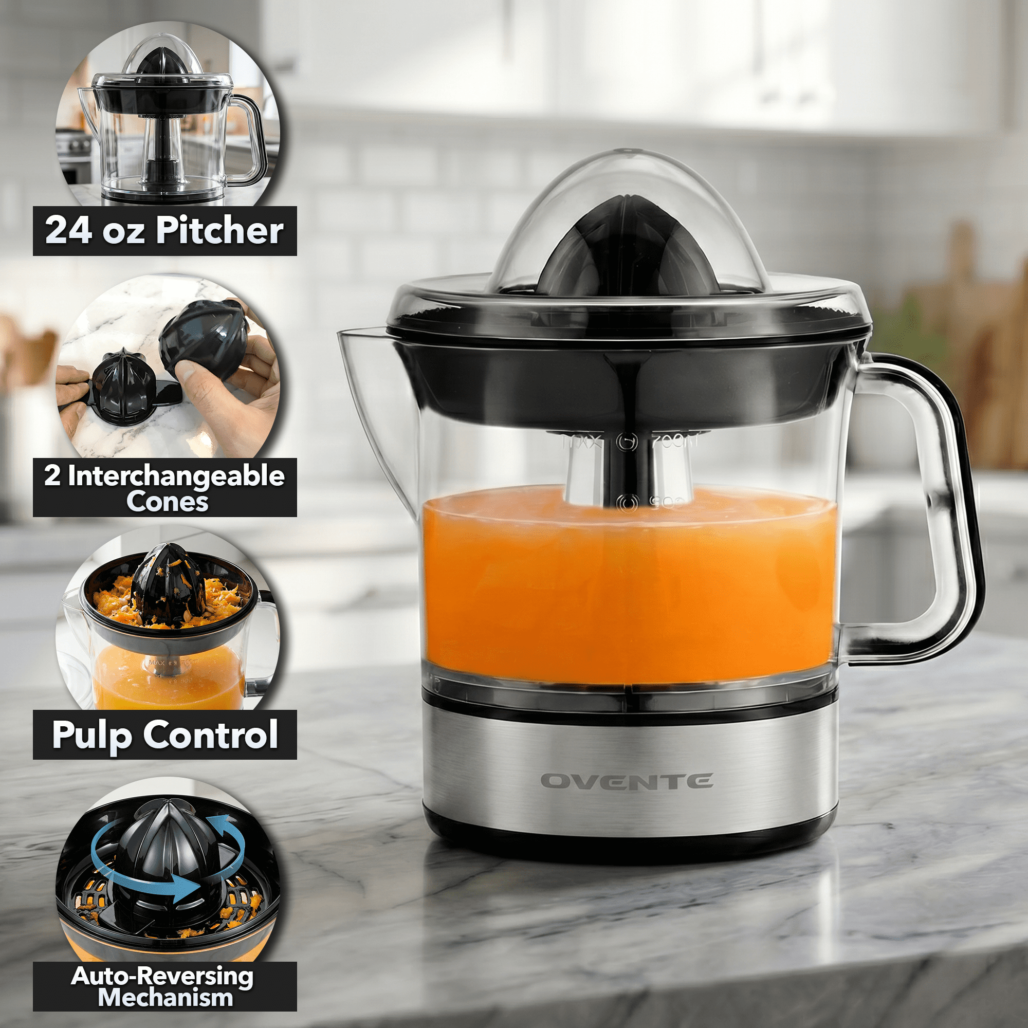 OVENTE Electric Citrus Juicer Machine with 2 Cones, 24 oz, Black