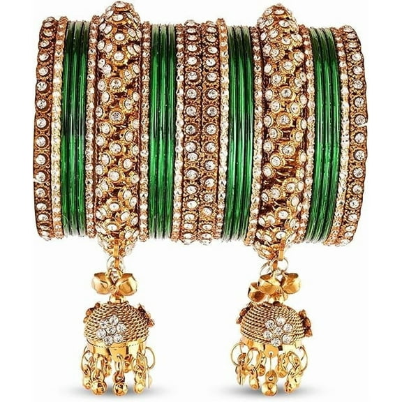 Bridal Bangle Set for Women | Lightweight Traditional Indian Jewelry | Green Ethnic Bangles Size 2.8 Large for Weddings & Festivals