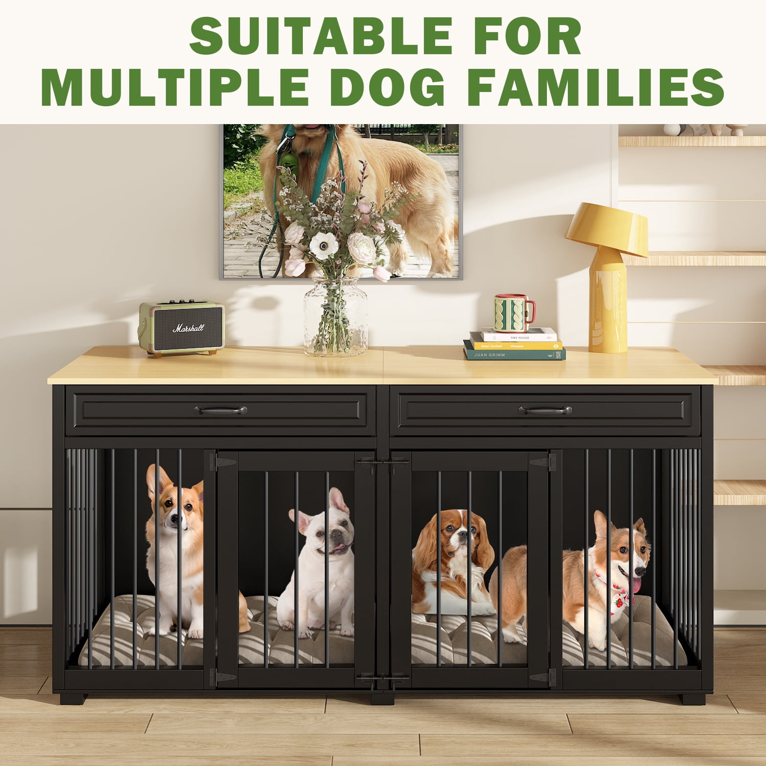NARTRU 64.6" Large Double Dog Crate Kennel Furniture with Divider and 2 Drawers for 2 Small or Medium Dogs Indoor, Black