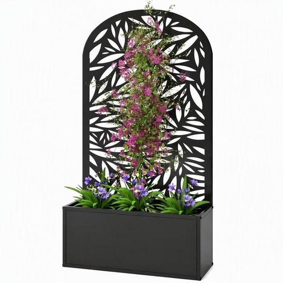 Metal Raised Garden Bed with Curved Leaf Trellis Privacy Panel, 24x9.1x44.5 Inch Black Planter Box for Wall Mount