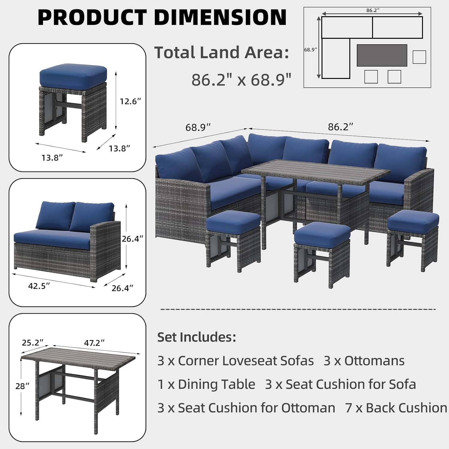 AECOJOY 7 Piece Patio Conversation Set, Outdoor Sectional Sofa Rattan Wicker Dining Furniture in Dark Blue