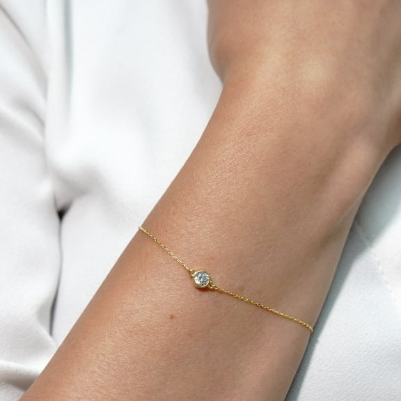 14 Karat Solid Gold Solitary Round CZ Bracelet | Handcrafted Solid Gold Solitary CZ Bracelet | Chic Solitary CZ Bracelet in Solid Gold