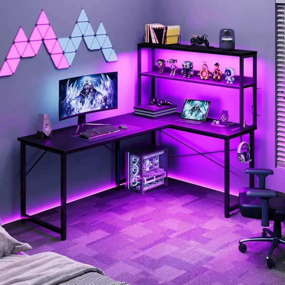 53 Inch L-Shaped Office Desk with Power Outlets, Gaming Desk with LED Lights for Home Office, Corner Computer Desk with Hutch, Black