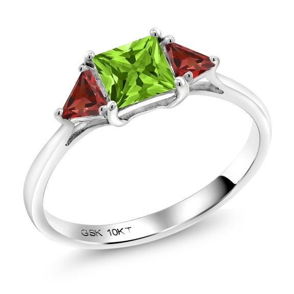Gem Stone King 10K White Gold Green Peridot and Red Garnet 3 Stone Engagement Ring for Women (1.13 Cttw, Gemstone August Birthstone, Princess Center 5MM, Trillion 3.5MM, Size 9)