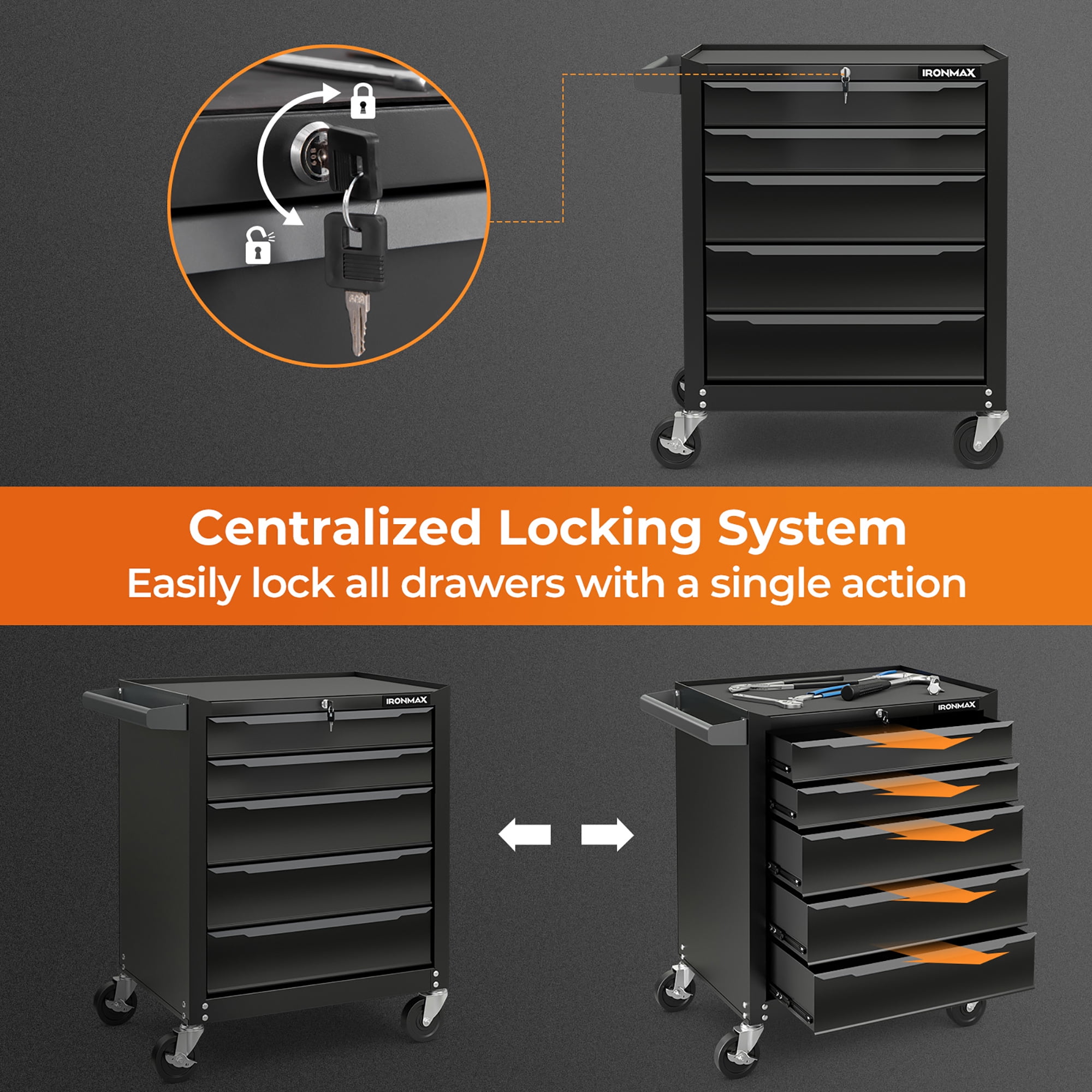 Gymax Rolling Steel Tool Chest 5-Drawer Tool Storage Cabinet Central Keyed Locking System