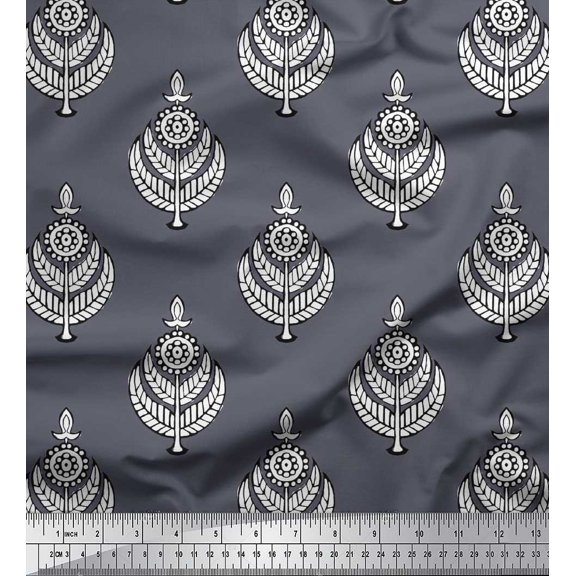 Soimoi Crepe Silk Fabric Leaves & Floral Block Print Fabric by The Yard 42 Inch Wide