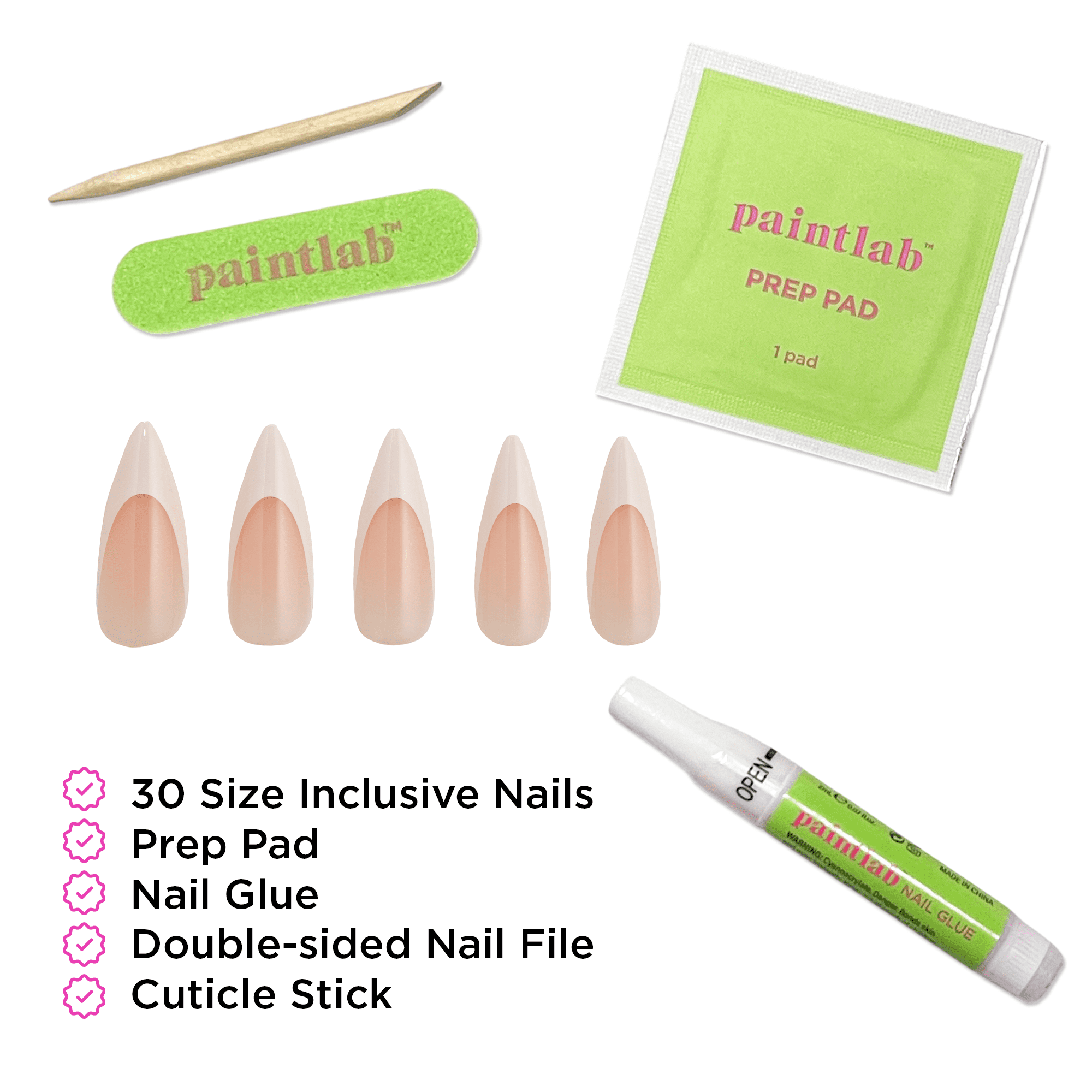PaintLab Long Stiletto Press On Nails, French Tips, White French Tip, 30 Count