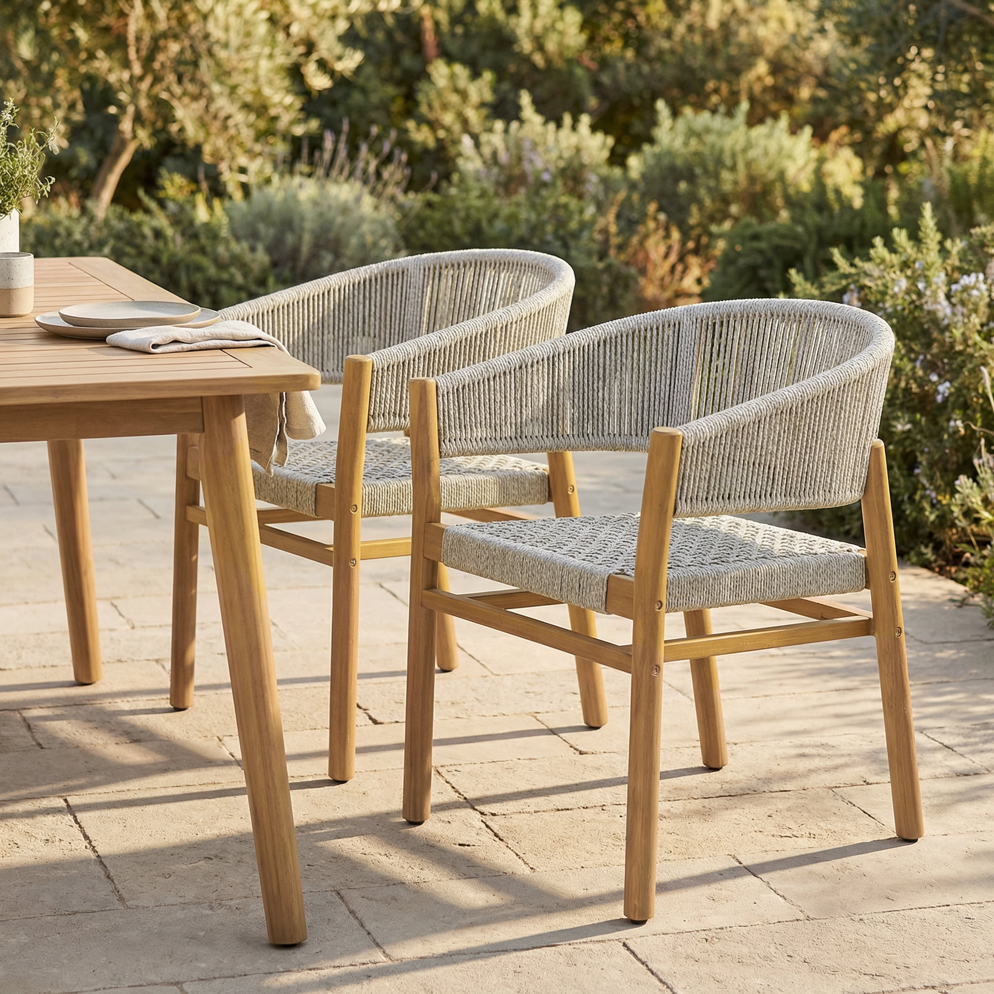 Rope Design Accent Chairs Set of 2, Outdoor Patio Seating Furniture, Teak Finish and Natural Rope