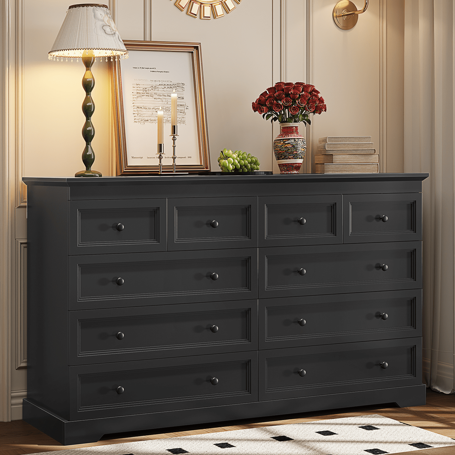 Plonmago Black Dresser for Bedroom,10 Drawers Dresser, 55" Wood Large Dressers with 10 Drawers, Chest of Drawers for Bedroom, Living Room