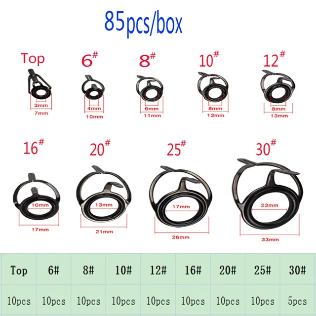 6#-30# Stainless Steel Guide Ring Fishing Rod Guide Ring Fishing Rod Repair DIY Guide Ring Color Tie Rope Set 45/85 Pieces/Box 85pcs