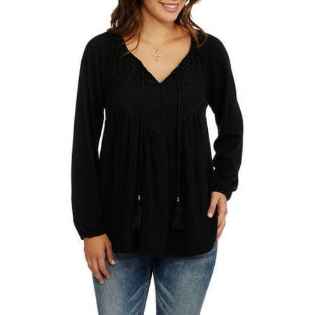 Womens Long Sleeve Peasant Top with Front Tassels and Feminine Lace Detail