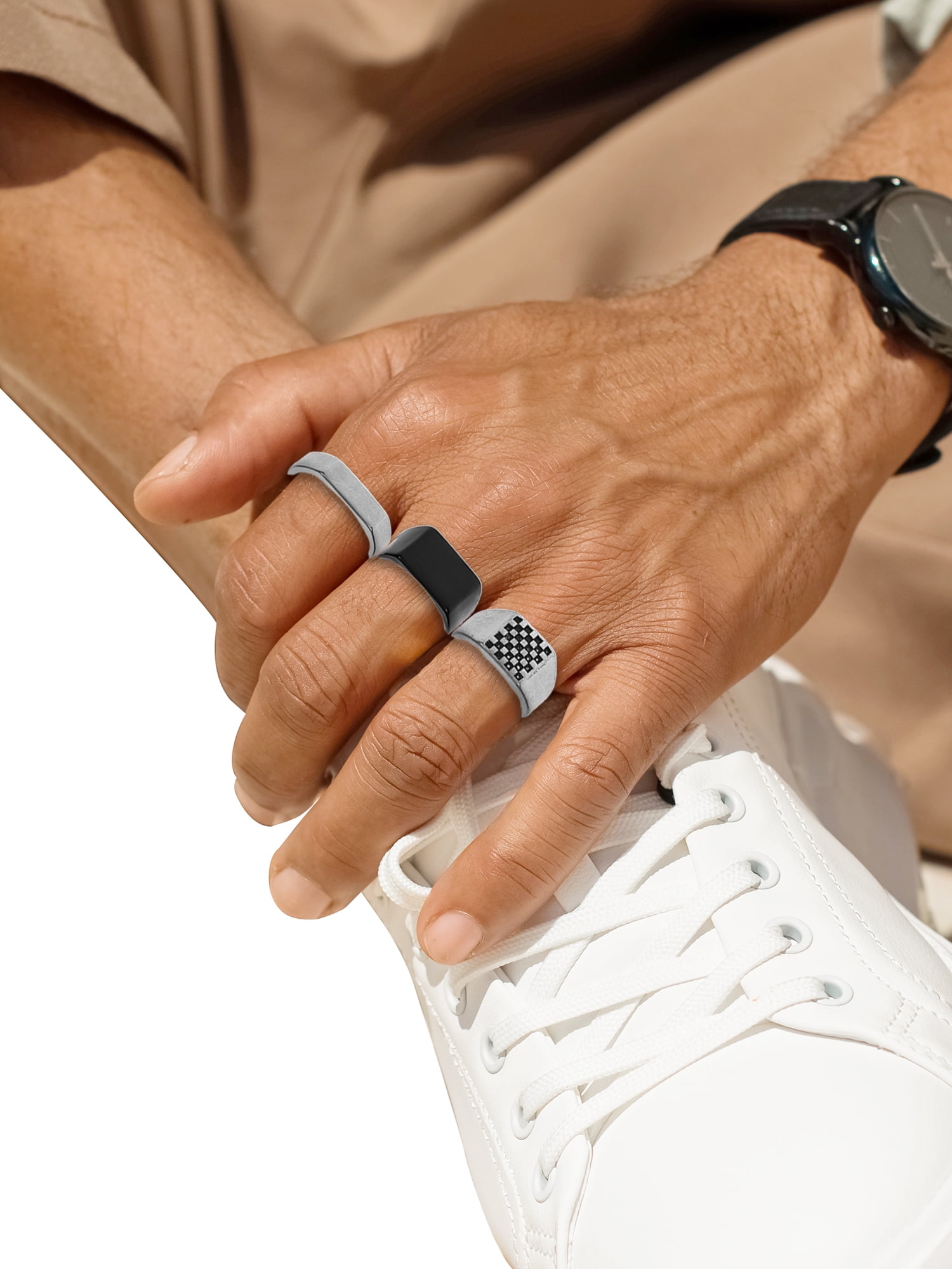 No Boundaries Men's Rings, Silver and Black, 3 Pack