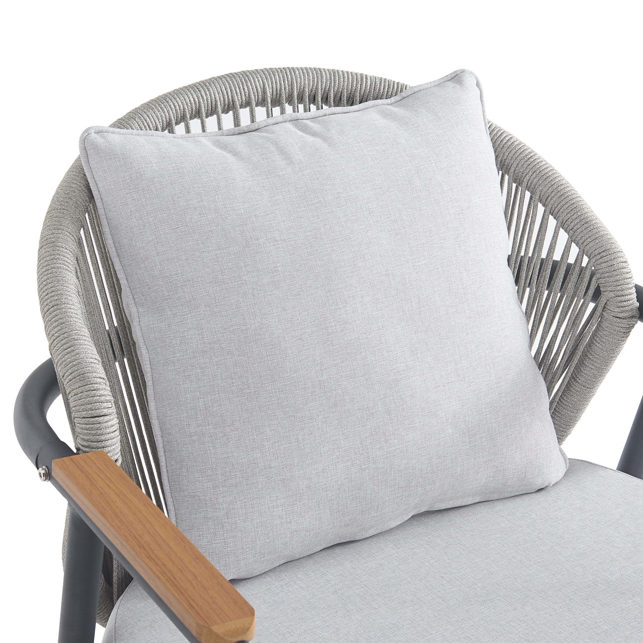 Christopher Knight Home Outdoor Iron Lounge Chair with Rope Backrest, Faux Wood Armrests, Black+Gray