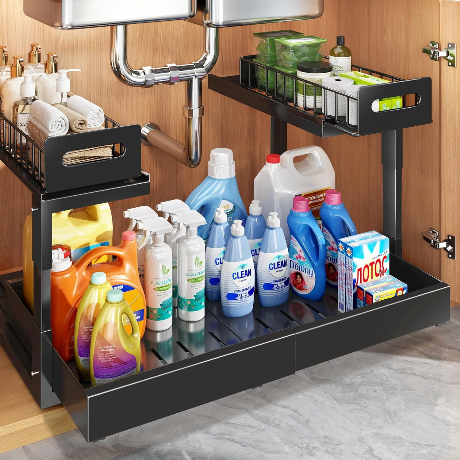 1 Pack-15.7"-25.7"W Expandable Under Sink Organizer With Upgrade Ball-Bearing Slide,2-Tier Pull Out Under Cabinet Organizer Height Adjustable,Not Suitable For Cabinets With Partitions In The Middle