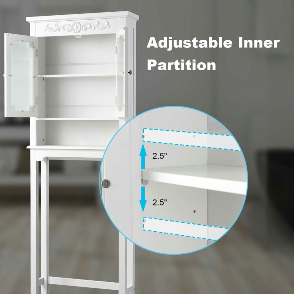 Finihen Toilet Storage Cabinet, Bathroom Cabinet Organizer, Bathroom Space Saver Carved Top Toilet Rack with Adjustable Shelf, for Bathroom, White
