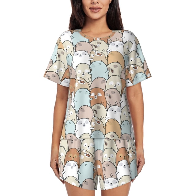 Balery Lovely Bear Conjunto de Pijama para Mujer con Estampado, Dos Piezas de Manga Corta y Shorts, Ropa de Dormir Suave con Cuello Redondo y Bolsillos-Medium