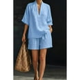 thumbnail image 2 of Lyrcatrment Short Sets for Women Linen 2 Piece Outfit Short Sleeve V Neck Shirt Wide Leg Shorts Summer Casual Travel Matching Outfits(X-Large,Blue), 2 of 4