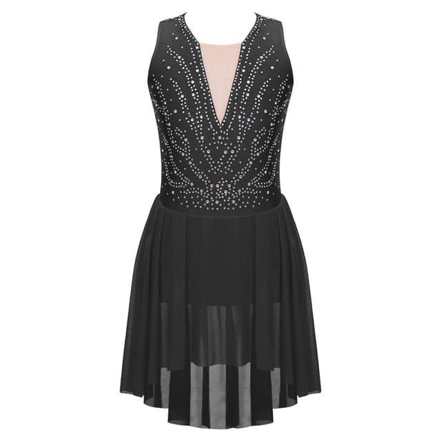 Sxiwei Robe de Patinage Artistique en Strass Brillant pour Filles, Jupe de Ballet Noire 16