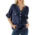 thumbnail image 7 of Breezora Stand Collar Mid Sleeve Button Front Shirt Women's Loose Fit Casual Cotton Tops L Size Navy, 7 of 7