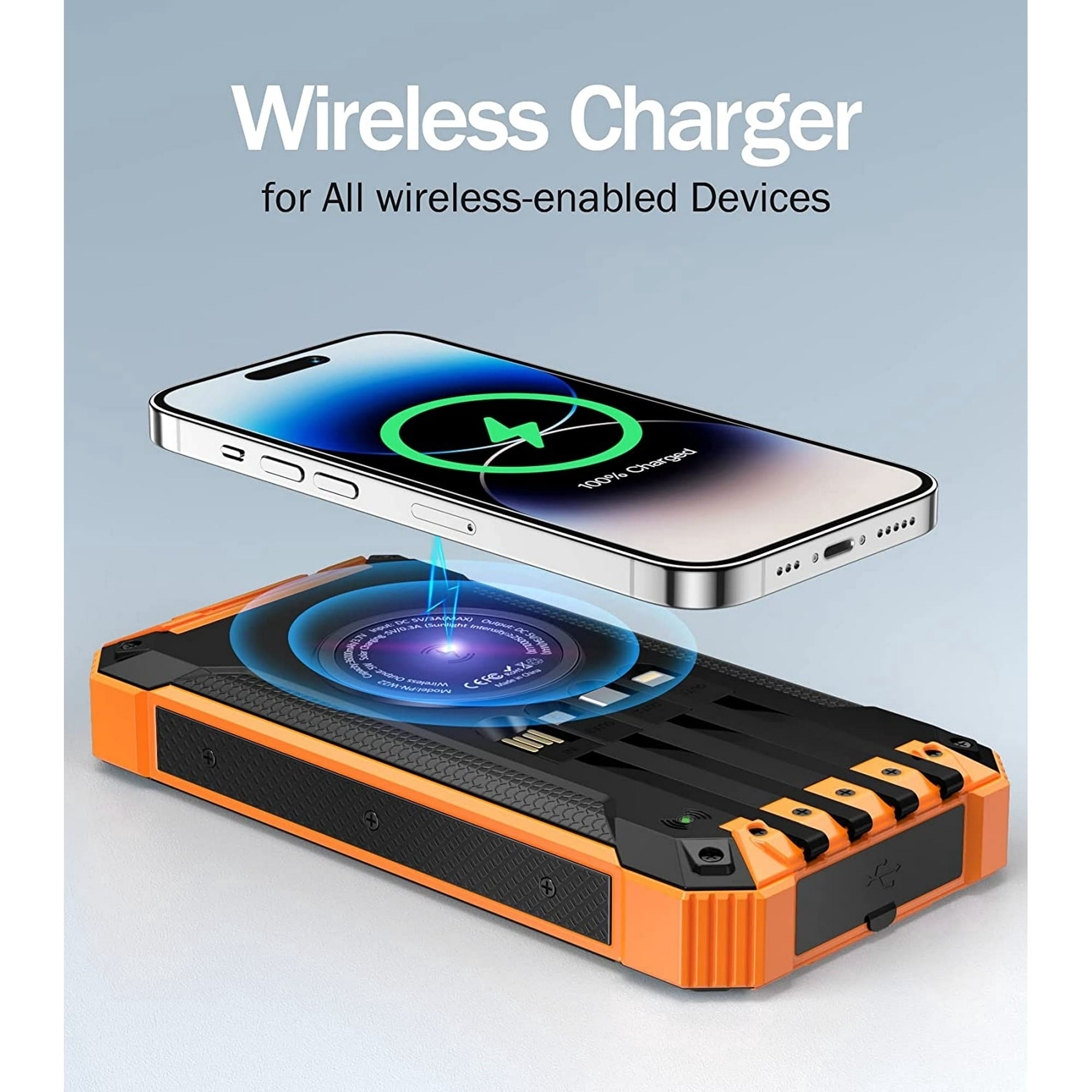 36000mAh Solar Power Bank 15W Fast Charging with Cables & Wireless Charger, Solar Charger Compatible for iPhone & Android Phone
