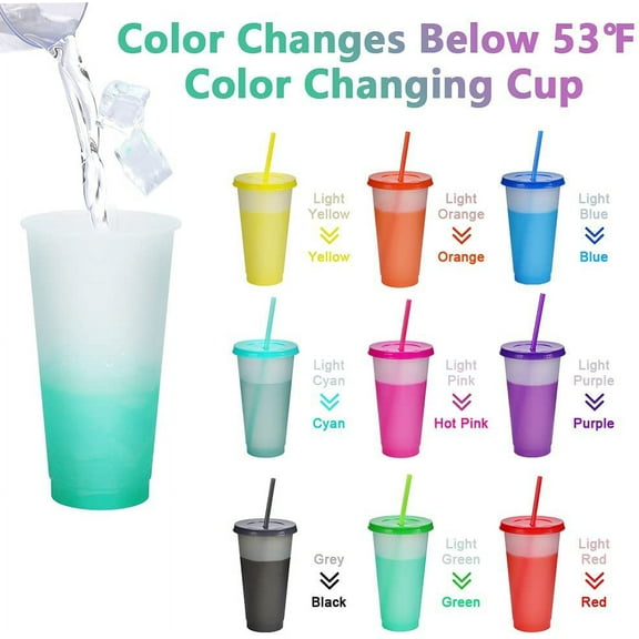 Triani Reusable Plastic Tumblers with Lids & Straws - 9 Pcs 24oz Large Color Changing Cups for Adults Kids Women Party | Tall Iced Cold Straw Drinking Cute Tumbler Cup Bulk