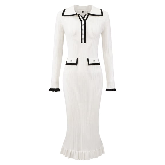 DARING DIVA Women's Long Sleeve Sweater Ruffled Trim Dress S White