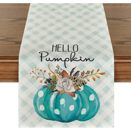 

Hello Pumpkin Polka Dot Watercolor Blue Buffalo Plaid Thanksgiving Table Runner Seasonal Fall Harvest Kitchen Dining Table Decoration for Indoor Outdoor Home Party Decor 13 x 72 Inch