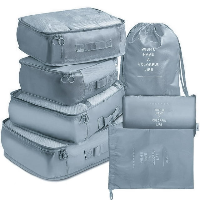 6Pcs Foldable Travel Packing Cubes, Waterproof Storage Organizer Bags Set with Buckle and Mesh Design